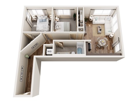 Floor plan for 2 beds, 1 bath, 874 sqft